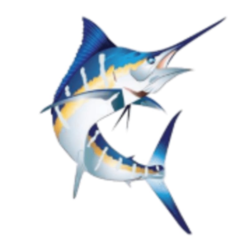 A vibrant blue marlin with yellow stripes leaps from a white background.