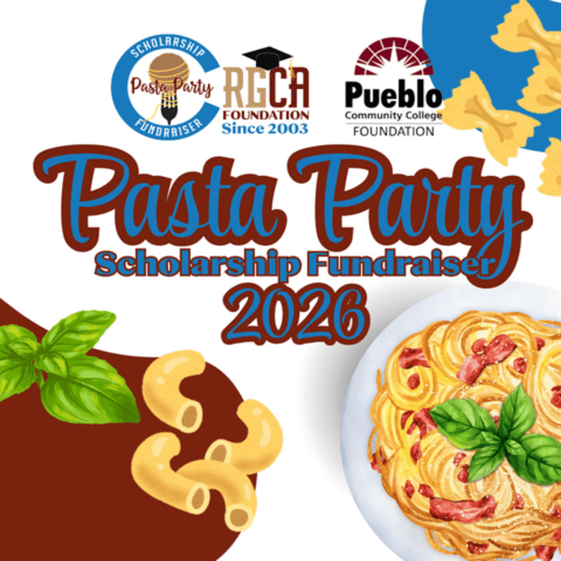 Bowtie pasta and basil sprigs are in the foreground, with a plate of spaghetti and the event title "Pasta Party Scholarship Fundraiser 2026" in the background.