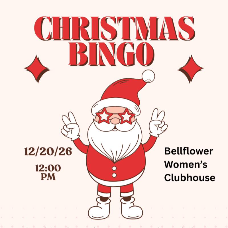 A festive Santa Claus with star-shaped glasses and peace signs is featured in the foreground against a cream-colored background with "CHRISTMAS BINGO" text and diamond shapes.