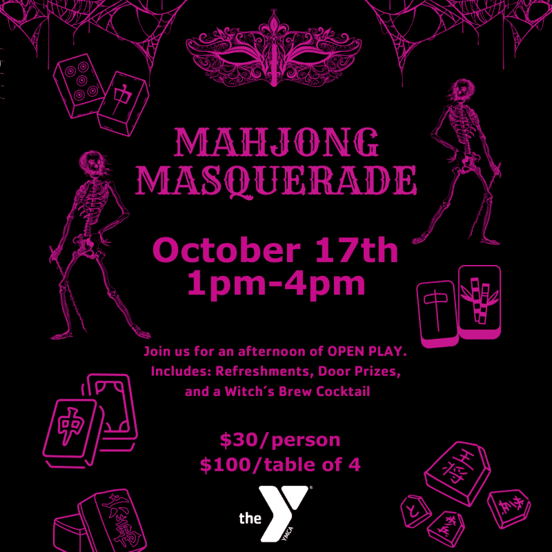Pink skeletons and Mahjong tiles frame the text announcing a "Mahjong Masquerade" event on October 17th, with a black background and spiderweb accents.