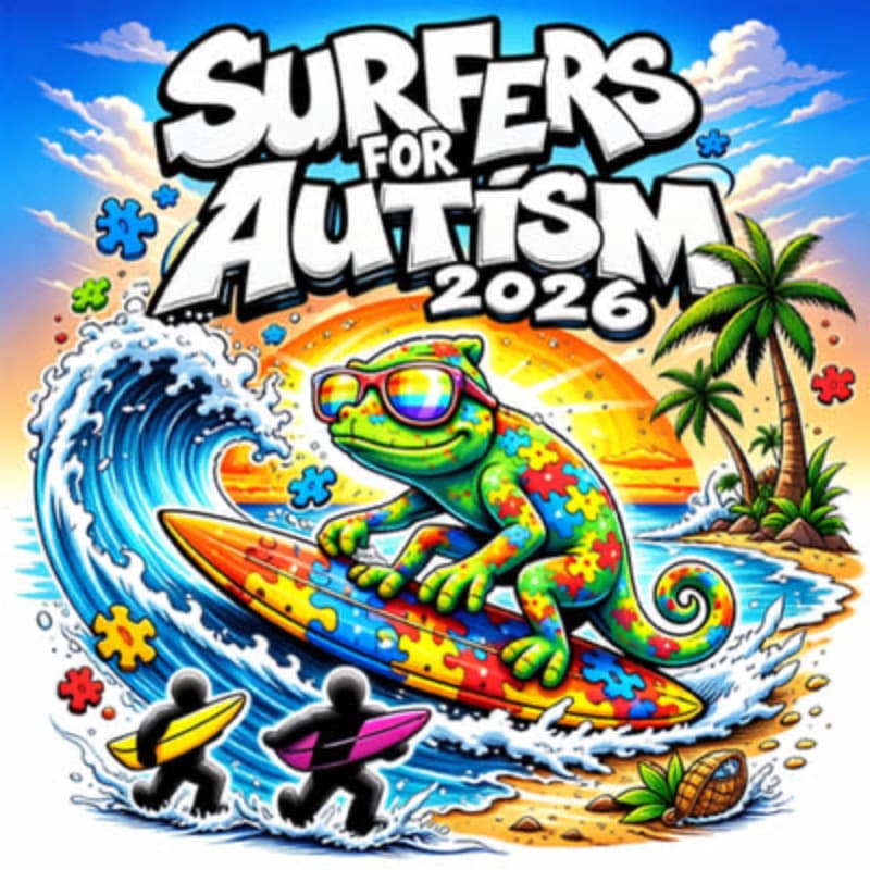 A colorful chameleon surfs a puzzle-piece patterned board on a wave in the foreground, while two silhouetted surfers and a tropical beach with palm trees and a sunset form the background.
