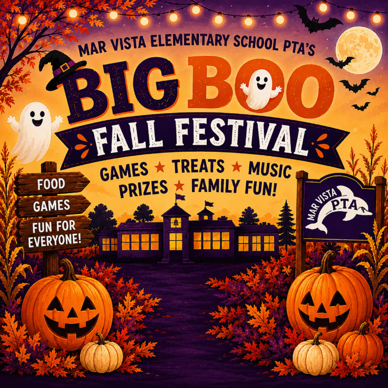 Jack-o'-lanterns and autumn leaves fill the foreground, leading to a school building adorned with Halloween decorations and a banner for the "Big Boo Fall Festival" in the background.
