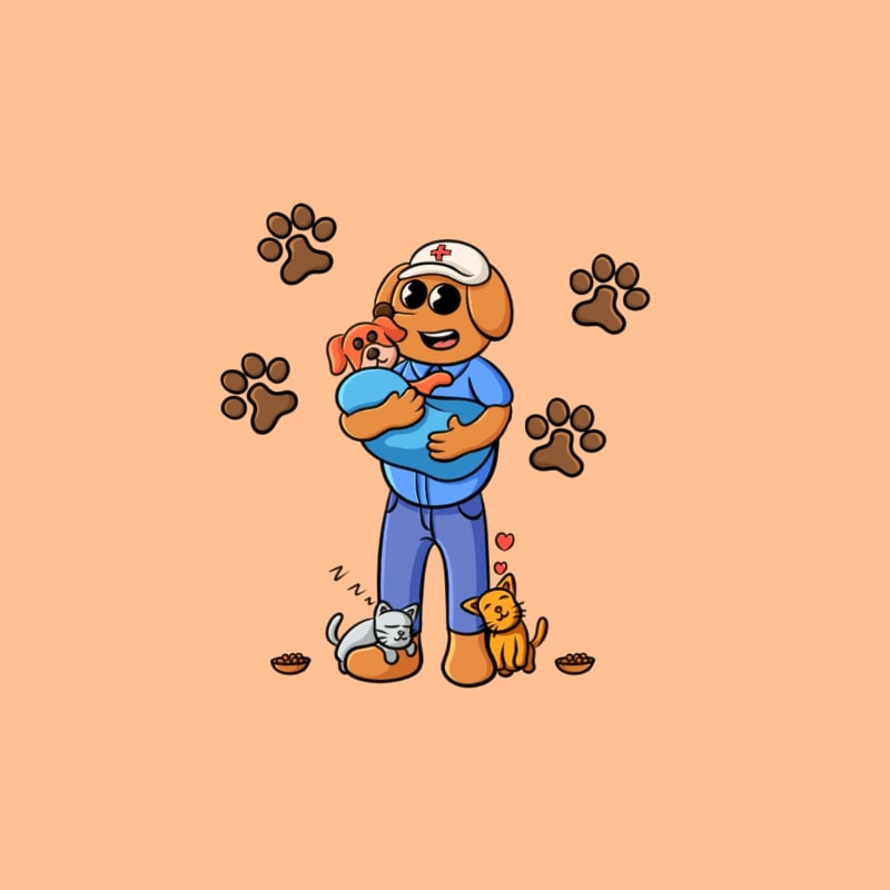 A cartoon dog wearing a cap cradles a puppy, while a sleeping cat and a sitting cat are at its feet, all surrounded by paw prints on an orange background.