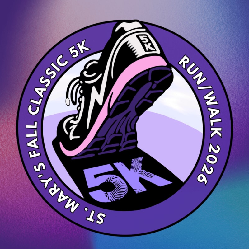 A stylized running shoe with "5K" emblazoned on its sole stands on a platform, surrounded by a purple circular banner with text about "ST. MARY'S FALL CLASSIC 5K RUN/WALK 2026" against a gradient background of purple and teal.