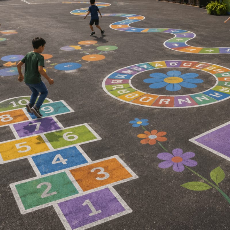 Two boys play on a colorful hopscotch court and a winding path painted on asphalt, with a floral design in the background.