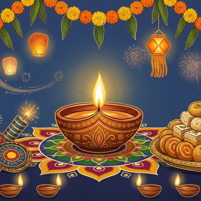 A lit diya sits on a colorful rangoli in the foreground, with a plate of sweets and firecrackers to the right, while lanterns and fireworks illuminate the dark blue background.