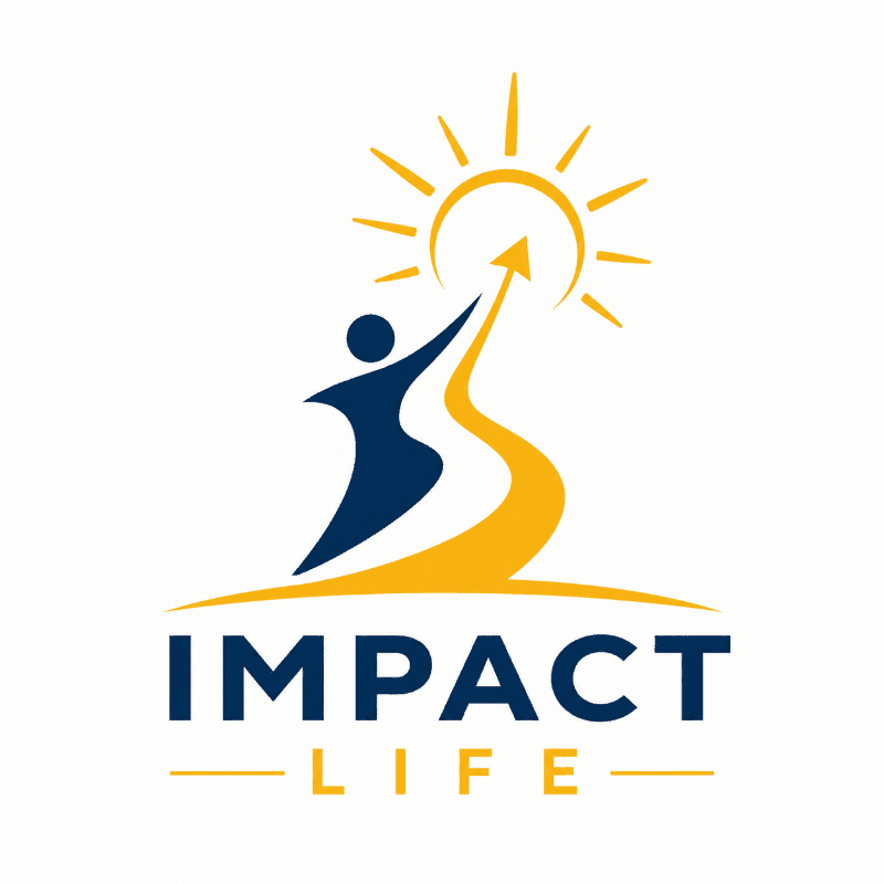 A stylized human figure reaches towards a rising sun with an upward arrow, set against a white background with the words "IMPACT LIFE" below.