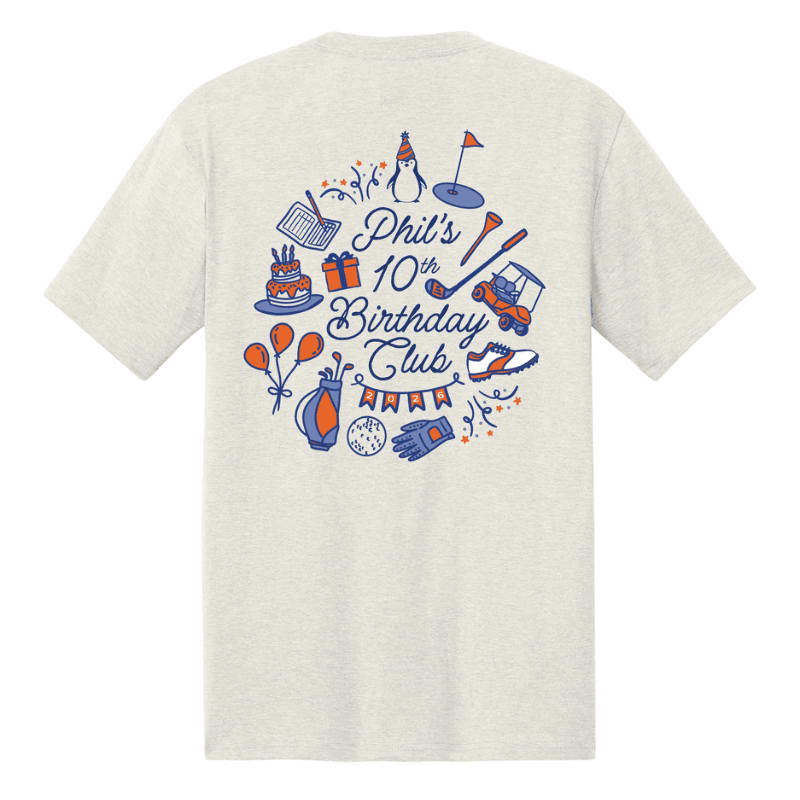 A light grey t-shirt displays a circular design of birthday and golf-themed illustrations surrounding the text "Phil's 10th Birthday Club" on the back.