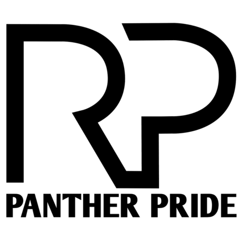 Bold black letters "RP" are superimposed over the words "PANTHER PRIDE" on a white background.
