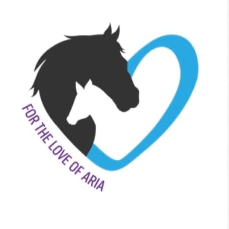 A black horse silhouette embraces a white horse silhouette within a blue heart outline, with purple text reading "FOR THE LOVE OF ARIA" curving around the left side.