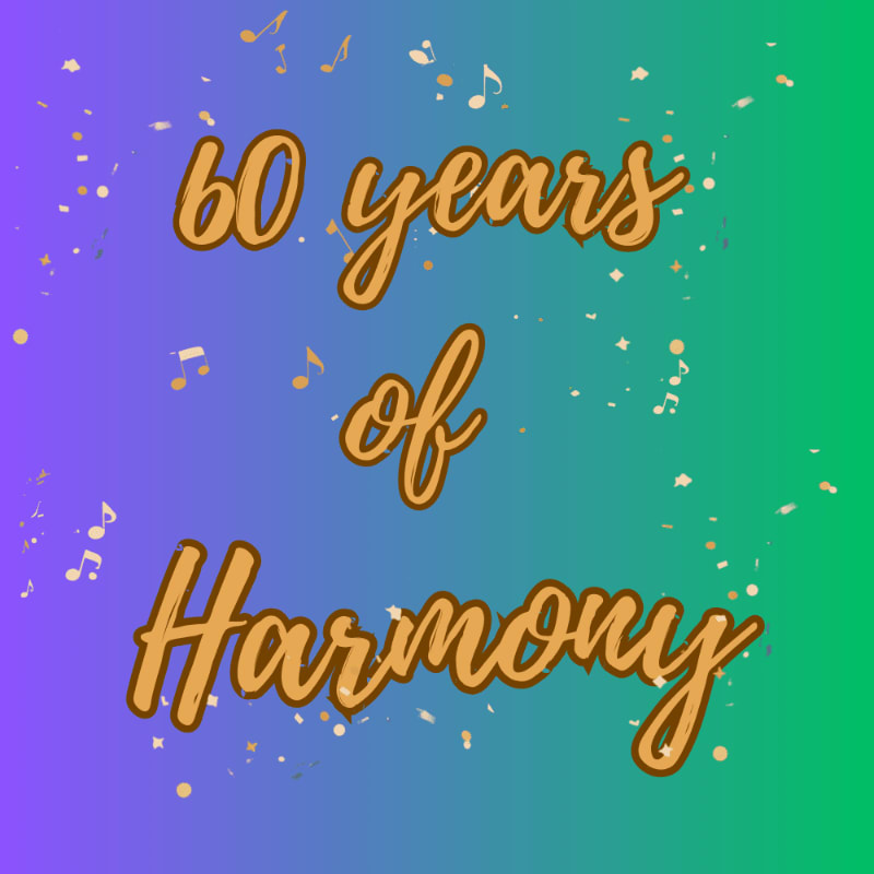 Golden text reading "60 years of Harmony" floats against a gradient background of purple and green, with scattered musical notes and confetti.