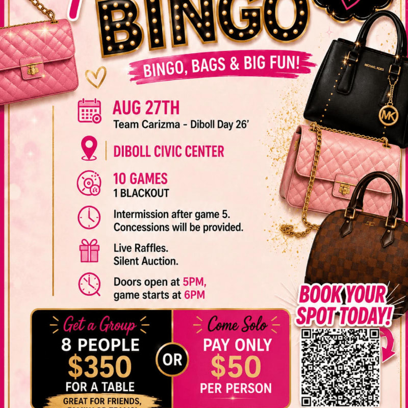 Pink quilted purses and a brown handbag are displayed in the foreground against a background advertising a bingo event with details about date, time, location, and pricing.