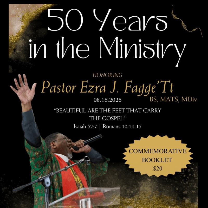 A pastor with his arm raised in praise stands at a podium in the foreground, while the background features text celebrating "50 Years in the Ministry" with golden accents.