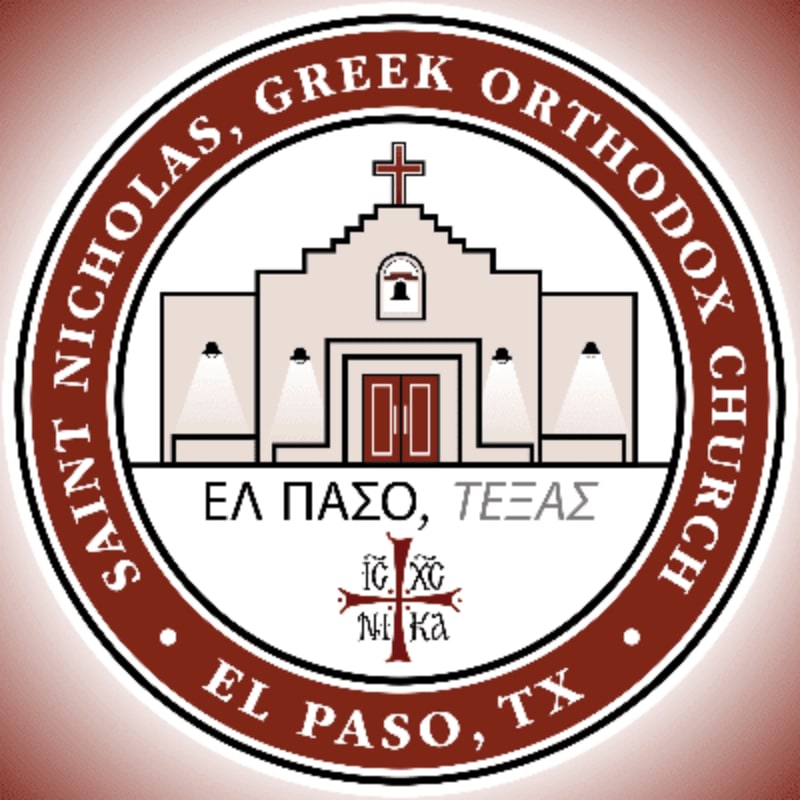 A circular emblem features a stylized Greek Orthodox church with the text "SAINT NICHOLAS, GREEK ORTHODOX CHURCH EL PASO, TX" surrounding it.