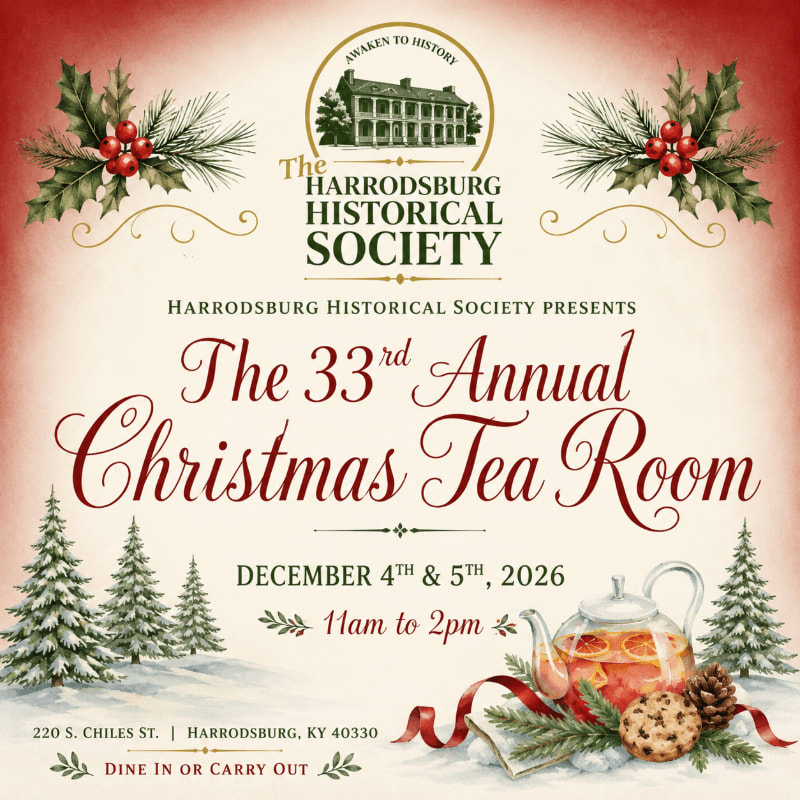 A festive advertisement for the 33rd Annual Christmas Tea Room features a teapot with fruit and a cookie in the foreground, set against a snowy background with Christmas trees and a faded red and white textured backdrop.