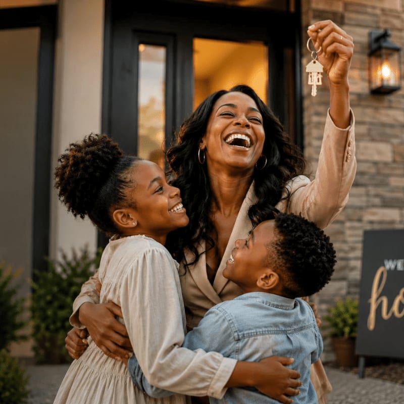 A joyful mother holds up a house key while embracing her two smiling children in front of their new home.