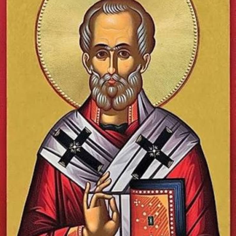 A religious icon of Saint Nicholas, with a halo and a book, is set against a red and gold background.