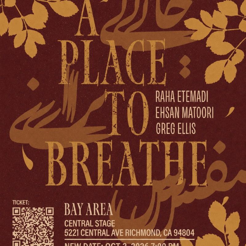 A dark brown poster with ornate gold lettering announcing "A Place to Breathe" and event details in the foreground, framed by decorative gold leaves and branches in the background.