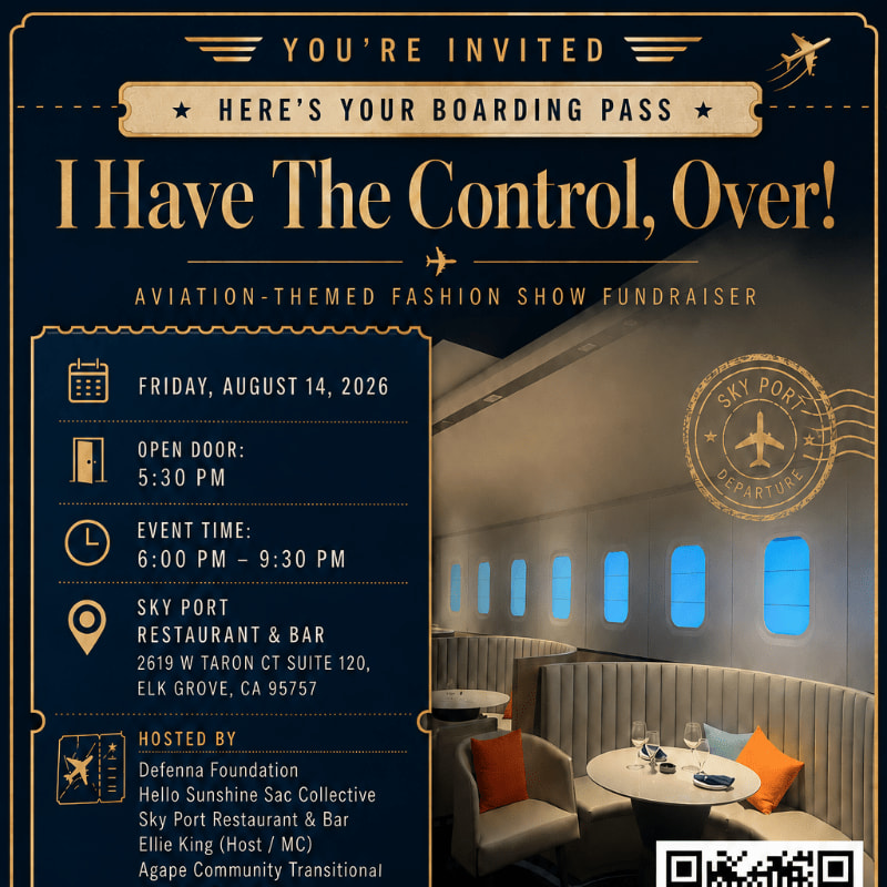 An aviation-themed invitation for a fashion show fundraiser is displayed in the foreground, with a softly lit interior of a restaurant resembling an airplane cabin in the background.