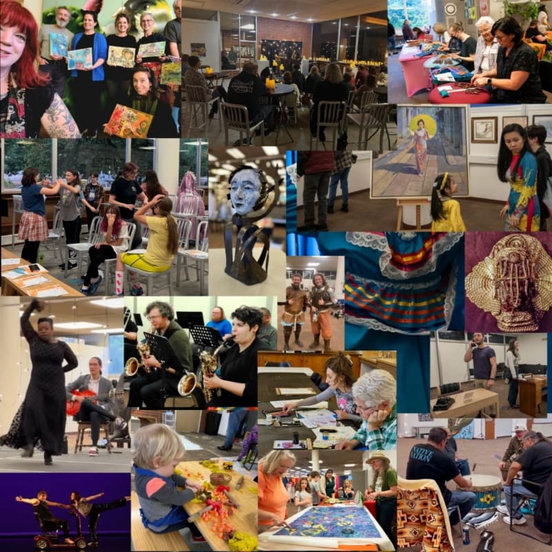 A collage of diverse people engaged in various activities, from art classes and performances to cultural celebrations, fills the frame with vibrant scenes.