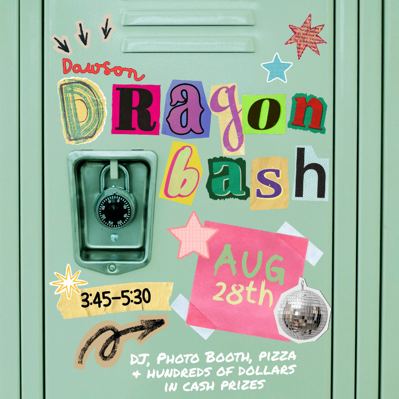 A mint green locker door is decorated with colorful cut-out letters spelling "Dragon Bash," a combination lock, and event details for August 28th, with a disco ball and star stickers adding a festive touch.