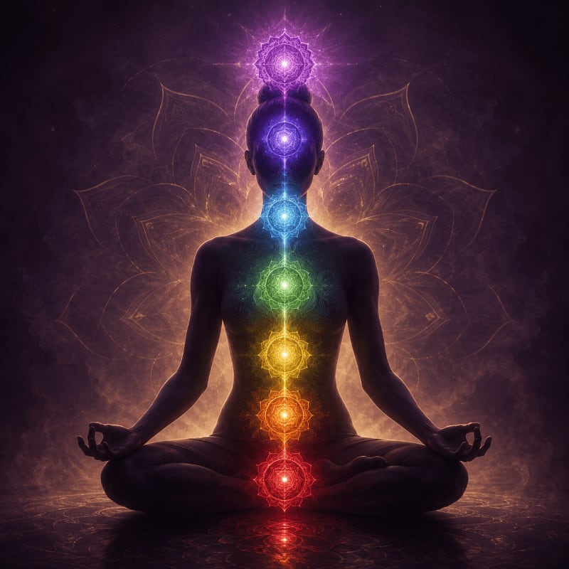 A silhouetted figure meditates in a lotus pose with glowing chakras aligned along the spine, set against a backdrop of intricate, luminous patterns.