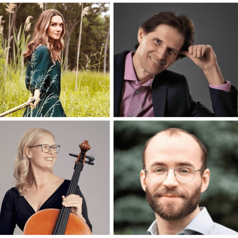 A woman in a green dress stands in a field of tall grass in the foreground of the top left panel, while three musicians are shown in portrait style in the other three panels against plain backgrounds.