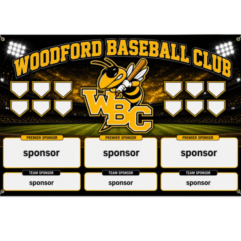 A baseball field with stadium lights and a mascot is in the background, while sponsor logos are displayed in the foreground.