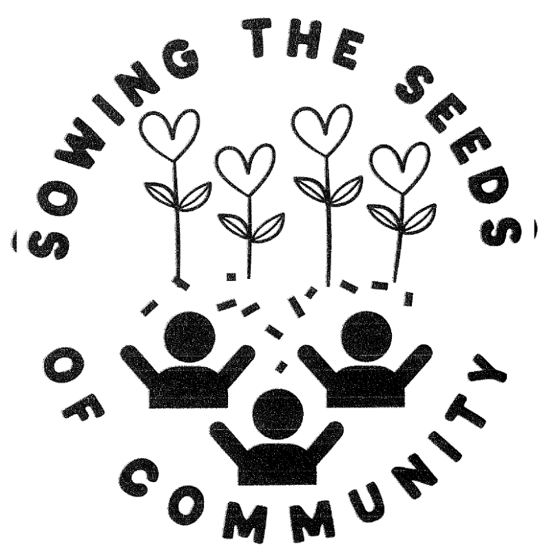Three silhouetted figures with raised arms are in the foreground, with stylized flowers blooming above them, all encircled by the text "SOWING THE SEEDS OF COMMUNITY."