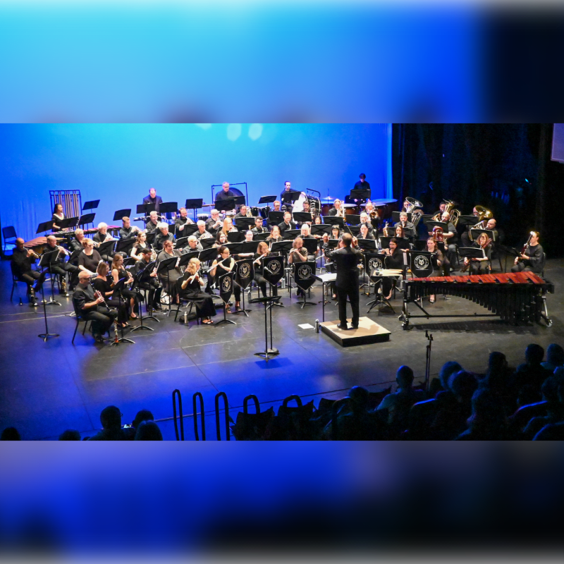 A conductor leads a large orchestra performing on a stage with a blue backdrop, while an audience watches from the darkened foreground.