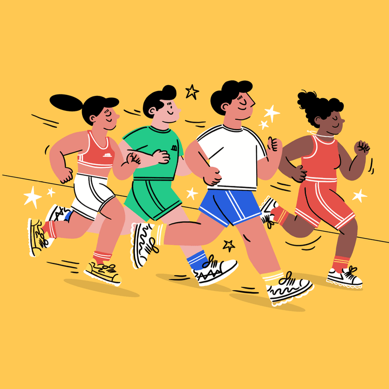 Four diverse people in athletic wear run across a yellow background with stars and motion lines.