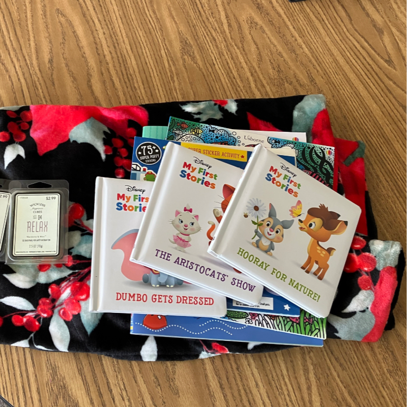 A stack of Disney "My First Stories" books and a wax melt are arranged on a red and black floral blanket, with a wooden surface visible in the background.