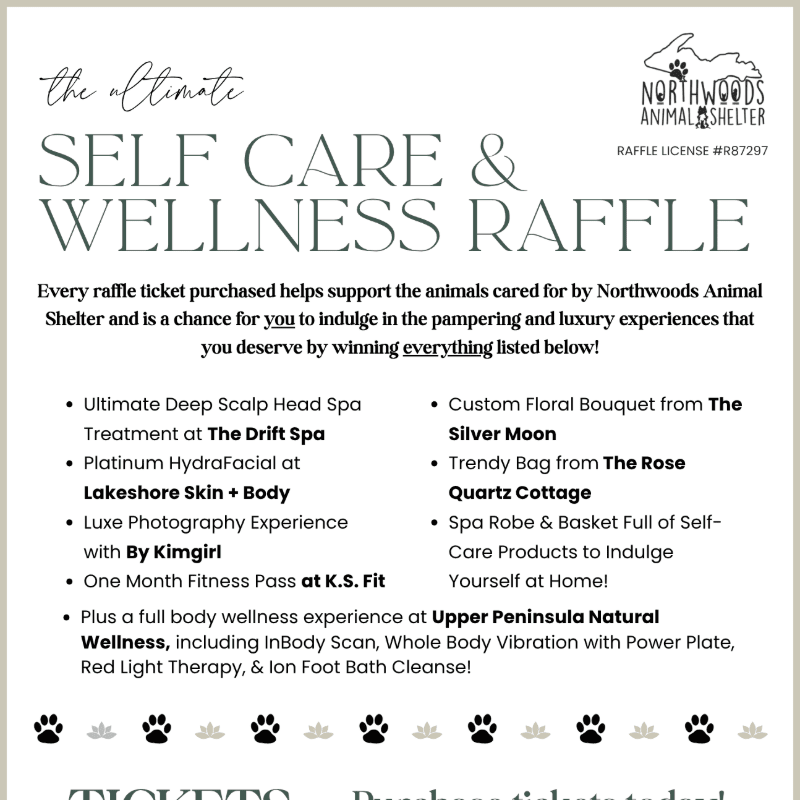 A flyer for a "Self Care & Wellness Raffle" to benefit Northwoods Animal Shelter is displayed against a light background with paw print and leaf motifs.