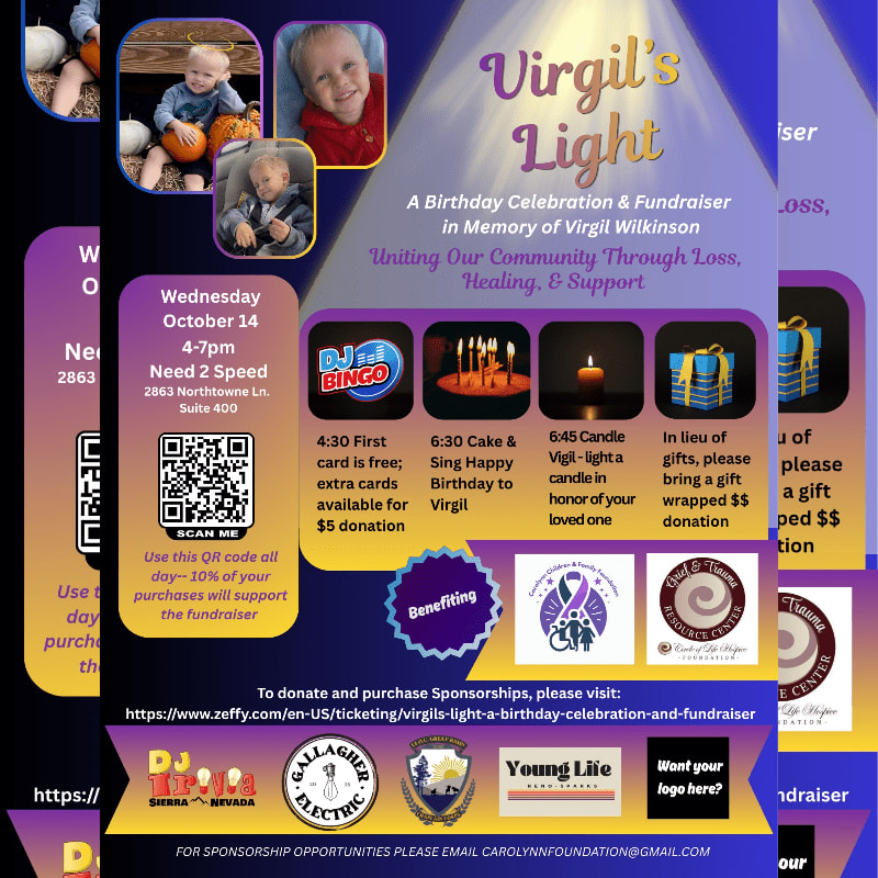 A flyer for "Virgil's Light," a birthday celebration and fundraiser, features event details and sponsor logos against a dark background with images of children and pumpkins in the foreground.