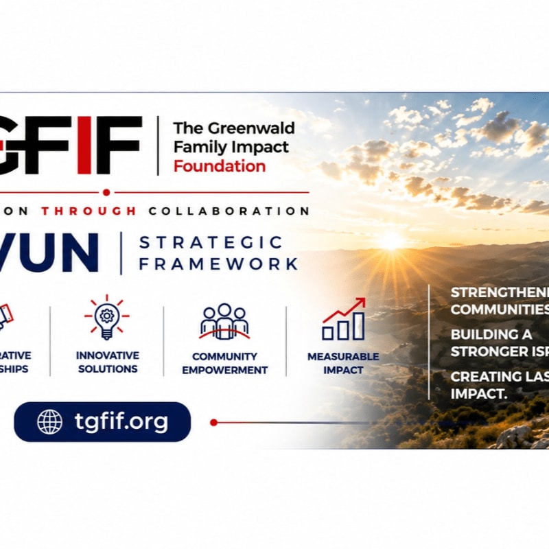 A sunset over rolling hills forms the background for a graphic displaying the Greenwald Family Impact Foundation's strategic framework with icons representing collaboration, innovation, community empowerment, and measurable impact.