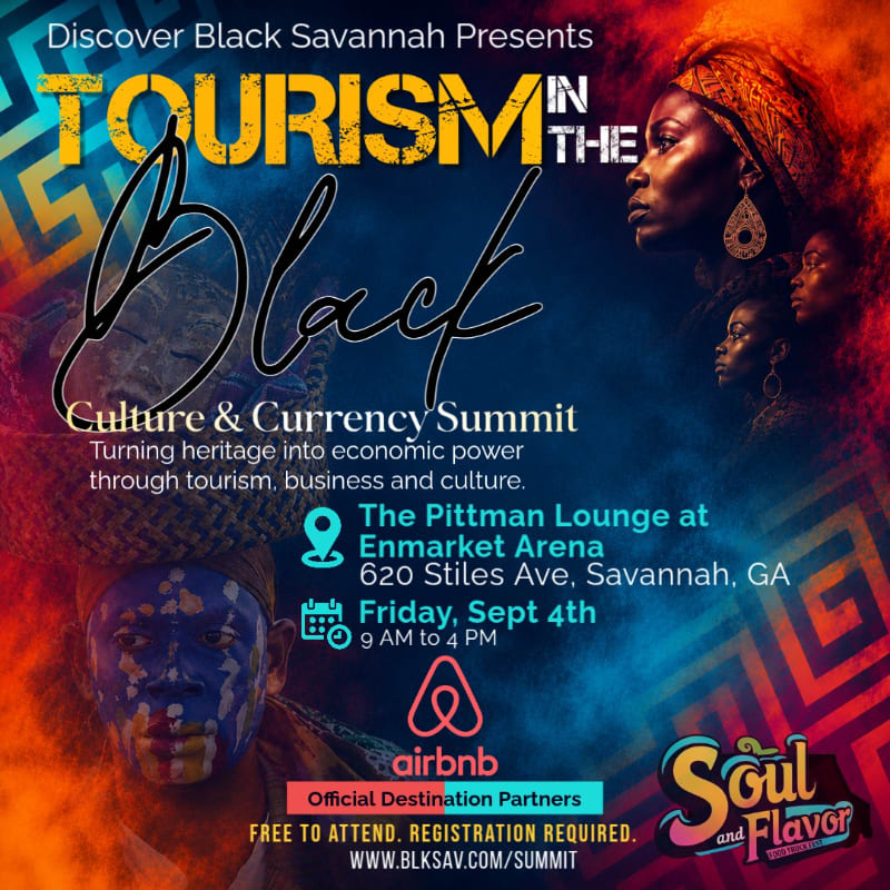 A vibrant poster for the "Tourism in the Black" Culture & Currency Summit features a close-up of a person with painted face in the foreground and stylized portraits of Black women in the background, all set against a colorful, patterned backdrop.