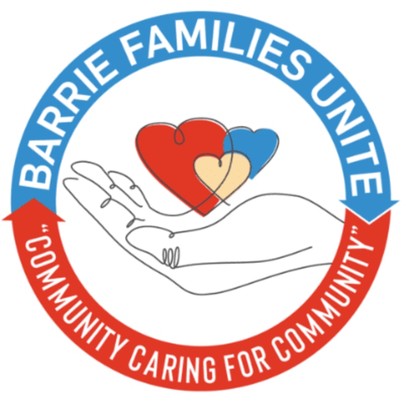 A line drawing of an open hand cradles three stylized hearts in red, blue, and yellow, all within a blue and red circular logo that reads "BARRIE FAMILIES UNITE" and "COMMUNITY CARING FOR COMMUNITY."