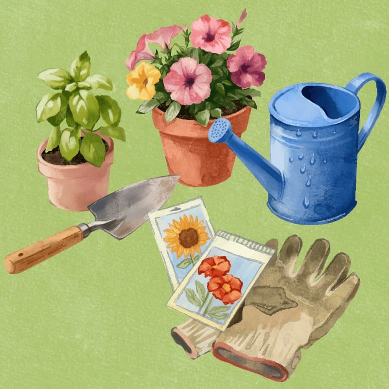Gardening tools, seed packets, and potted plants are arranged on a textured green background.