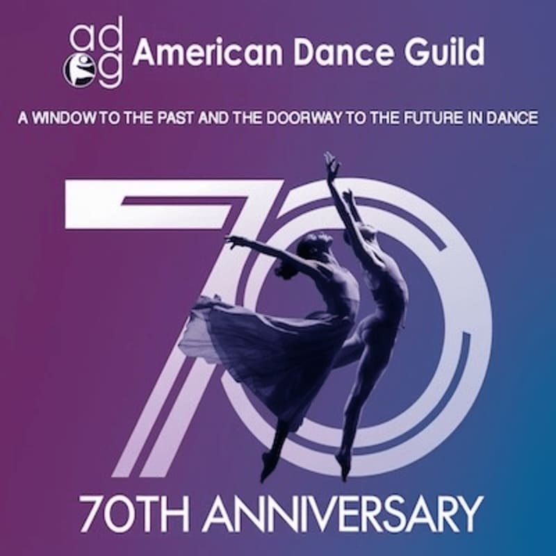 Two dancers in silhouette are superimposed over a large "70" graphic, with the American Dance Guild logo and text above, set against a purple and blue gradient background.