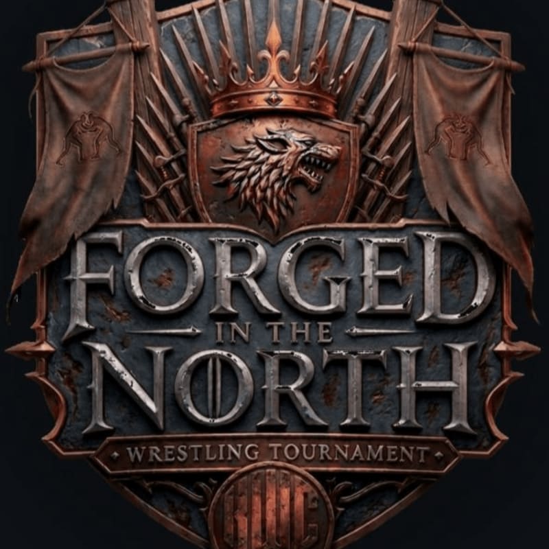 A weathered, metallic crest with a wolf's head and crown in the foreground is set against a dark, textured background.