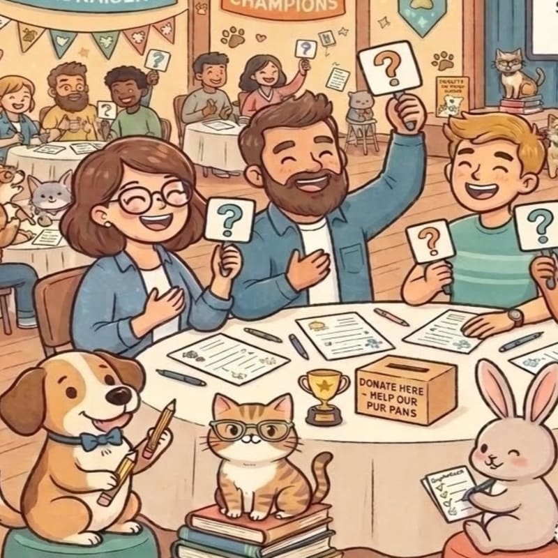 A group of people and anthropomorphic animals happily participate in a quiz, with a dog and cat in the foreground holding pencils and a trophy on a table.