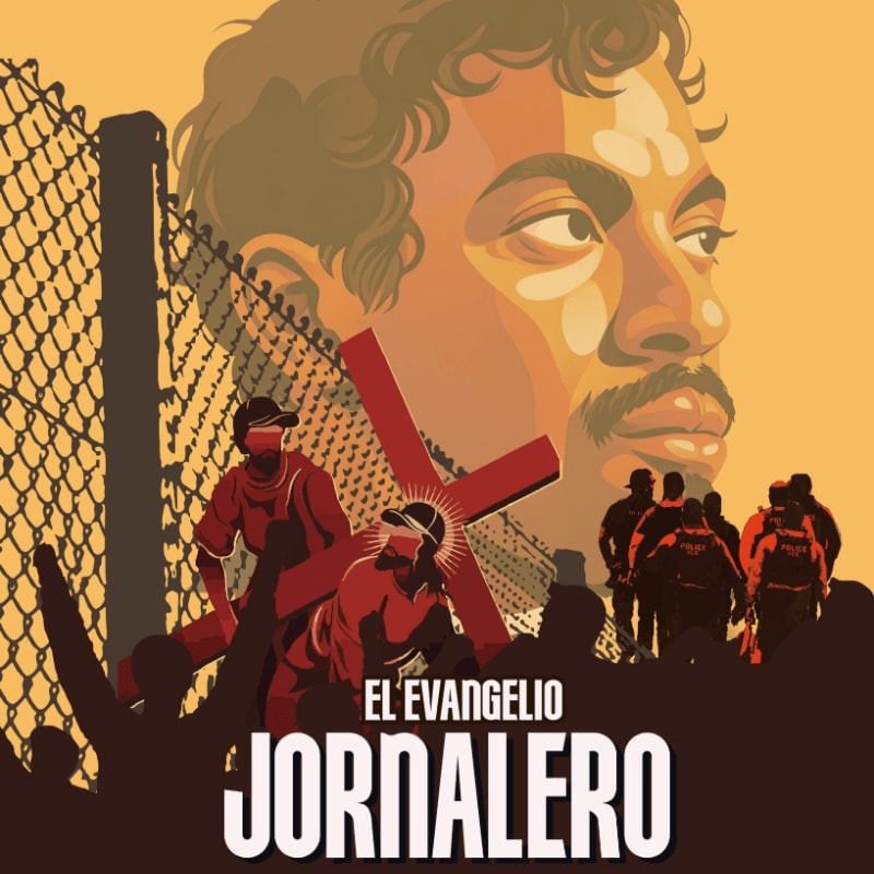 A large portrait of a man looms over a scene of people carrying a cross and a fence in the foreground, with a group of figures in the background.