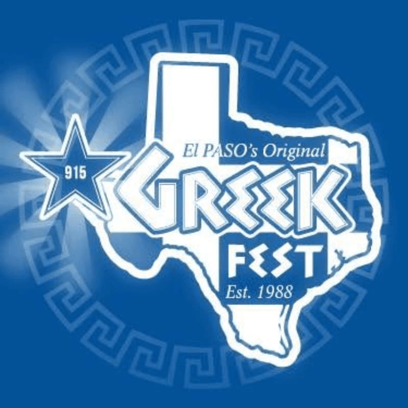 A blue background with a white Greek key pattern frames a Texas-shaped logo for "El Paso's Original Greek Fest Est. 1988," featuring a star with "915" in the foreground.