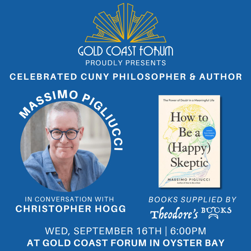 A portrait of Massimo Pigliucci is featured in the foreground, with his book "How to Be a (Happy) Skeptic" to the right, all set against a blue background with event details.