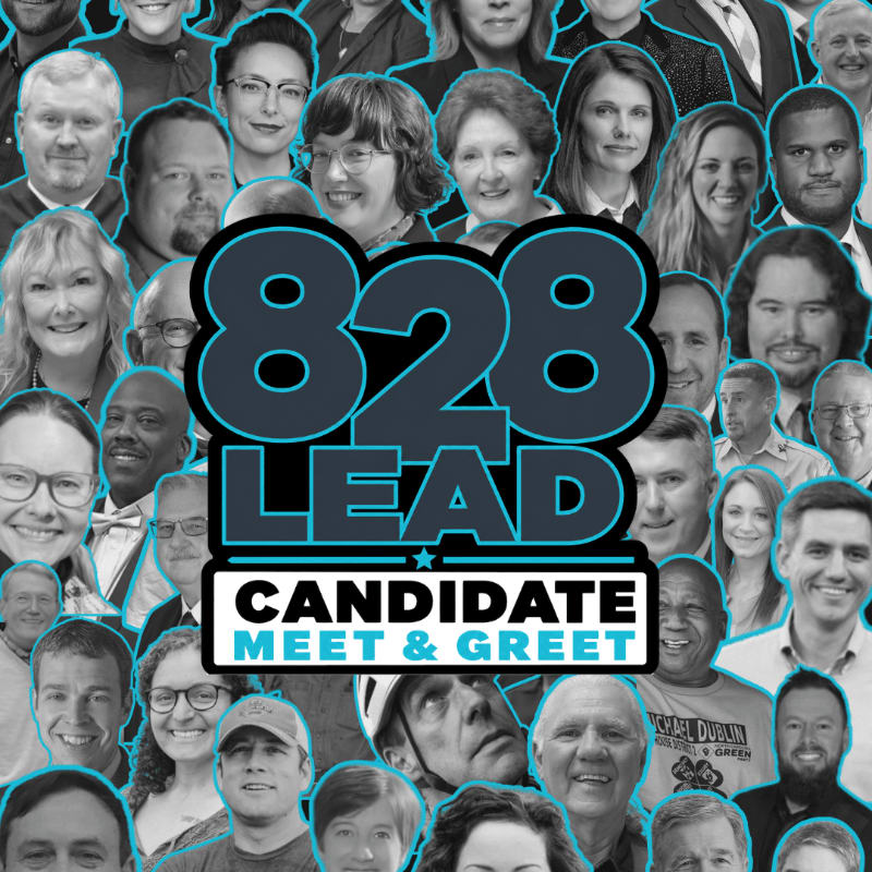 A collage of diverse faces surrounds a central "828 LEAD CANDIDATE MEET & GREET" graphic.