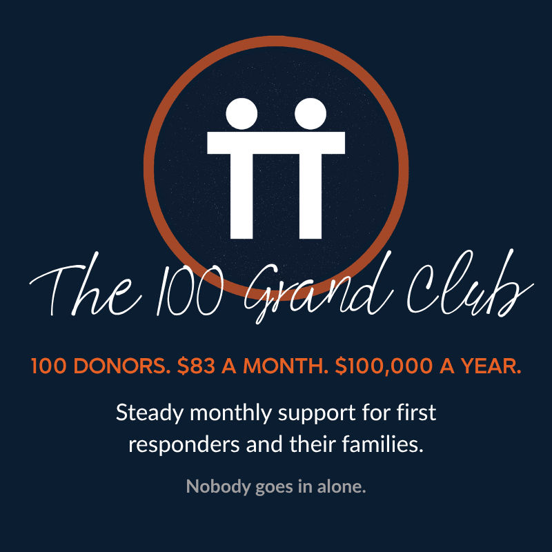 A white logo with two figures inside an orange circle sits above the text "The 100 Grand Club" on a dark blue background.