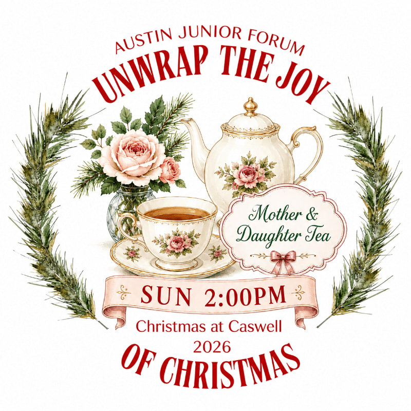 A vintage-style illustration of a tea set with flowers and greenery frames text announcing a "Mother & Daughter Tea" event.