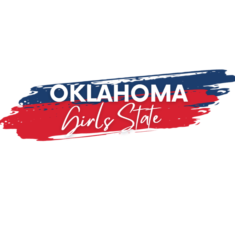 White text reading "OKLAHOMA Girls State" is overlaid on a red and blue brushstroke background against a white backdrop.
