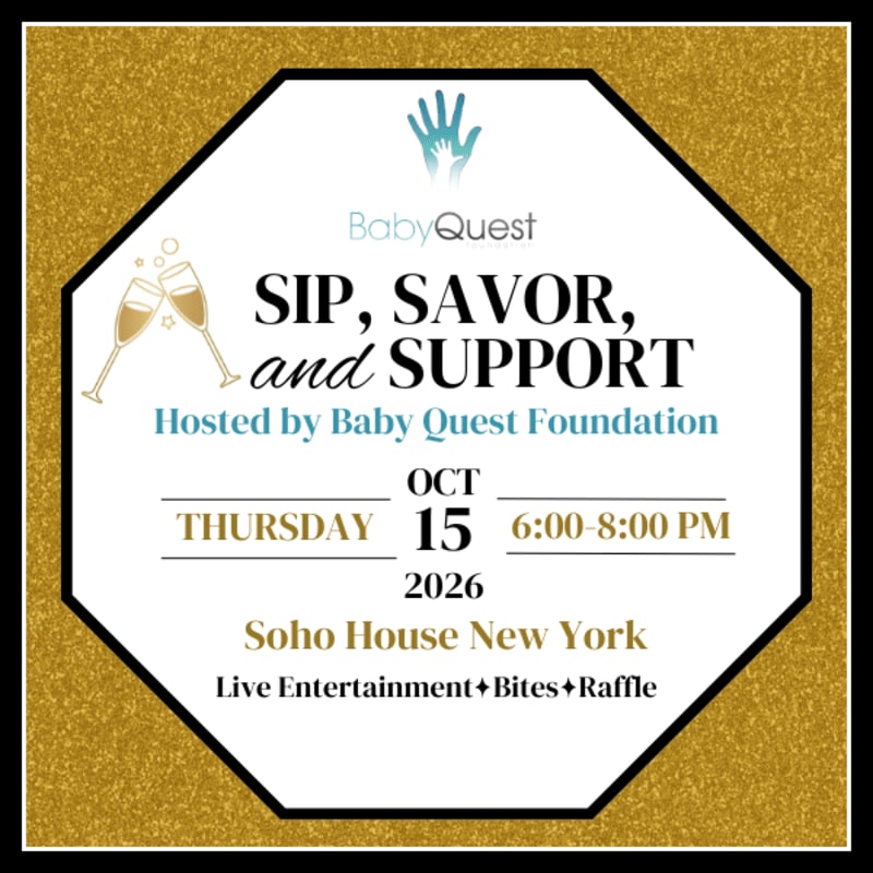 A gold glitter background frames an octagonal invitation for a Baby Quest Foundation event, featuring champagne glasses in the foreground and event details in the center.