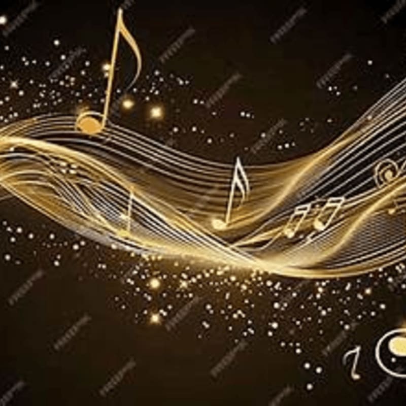 Golden musical notes and swirling lines flow across a dark background speckled with shimmering lights.